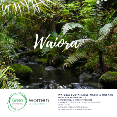 Image of New Zealand stream and bush with details of Women of Sustainability: Waiora Sustainable Water & Oceans networking event 4 March 2021
